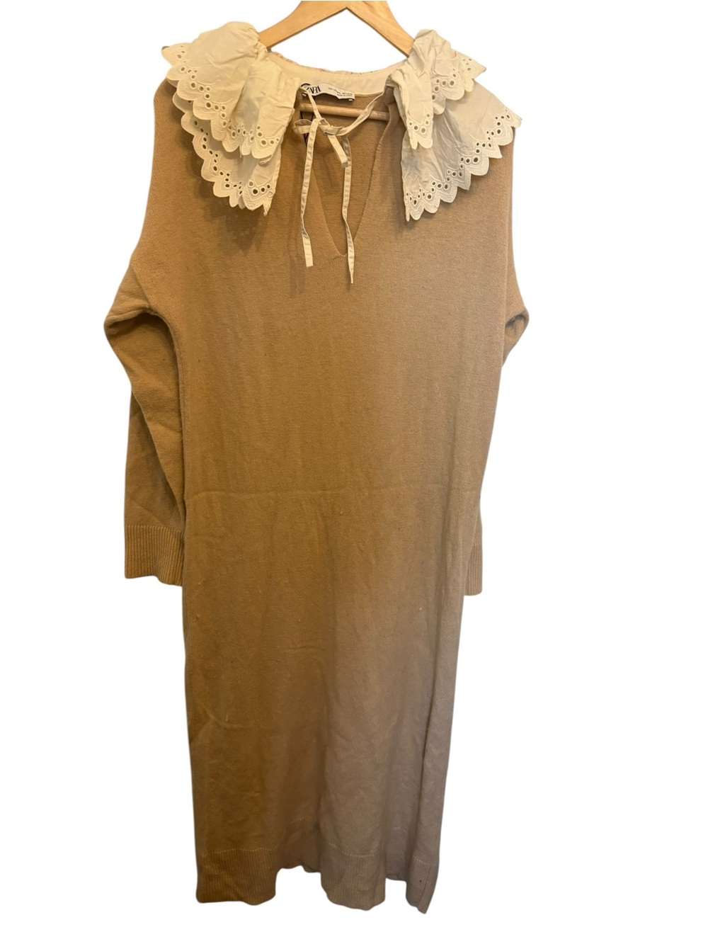 Zara Beige Knit Dress with White Eyelet Collar